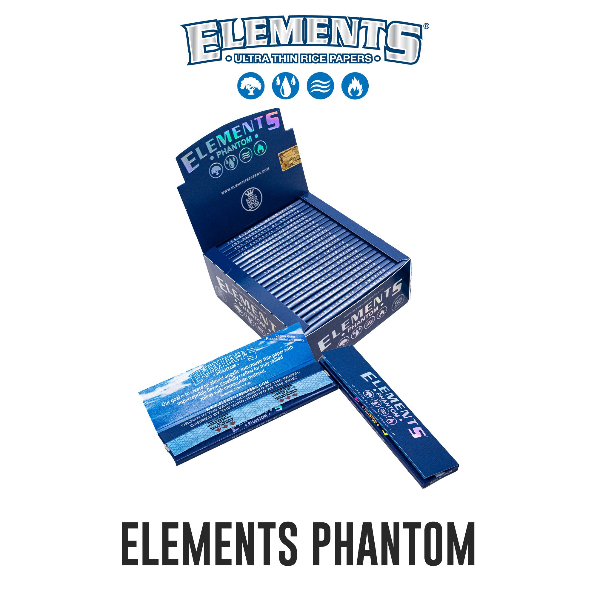 Elements | Kingsize Slim PHANTOM Rolling Papers | Pack of 50 | 32 Leaves Per Pack