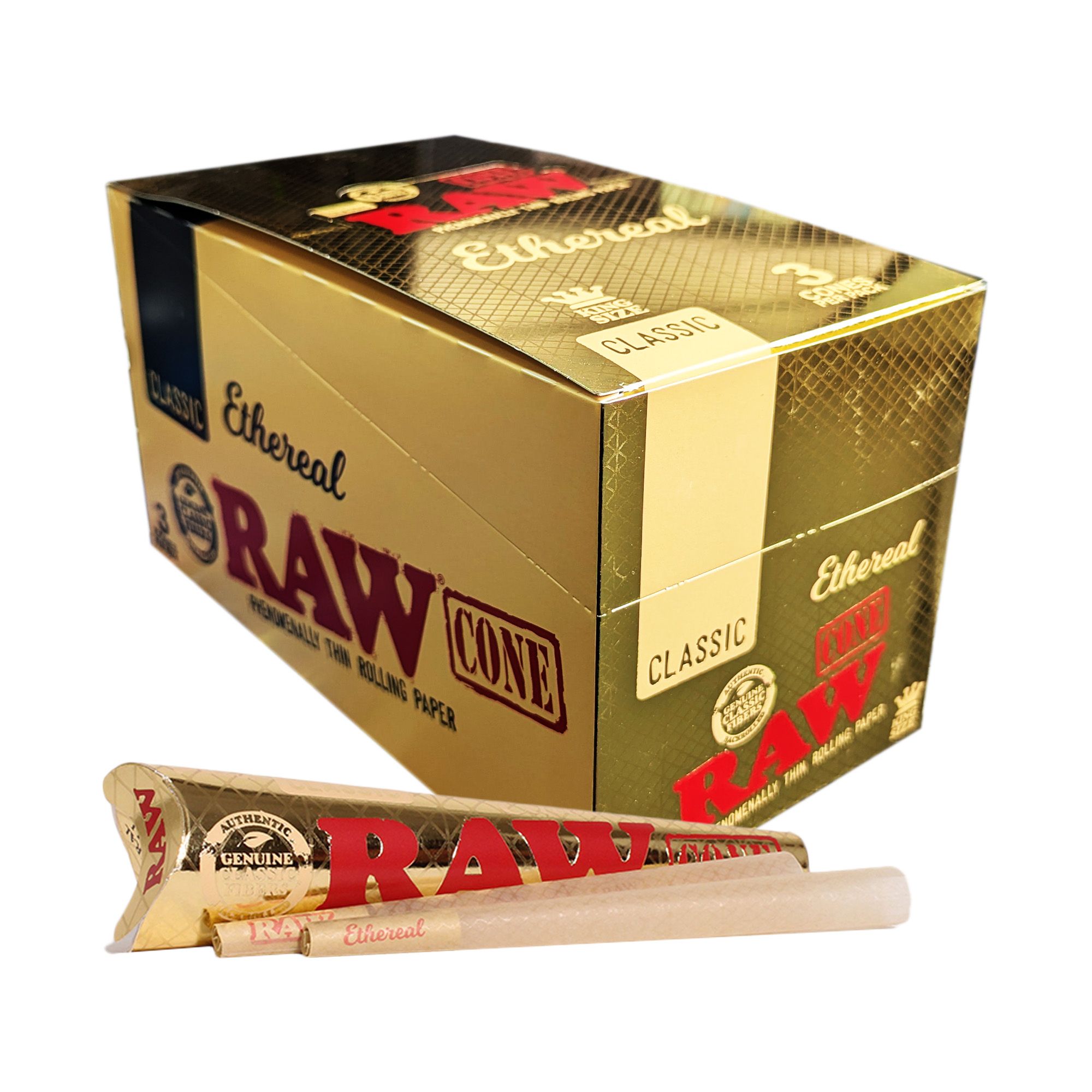 RAW | ETHEREAL Pre-Rolled Kingsize Cones | Ultra Thin | 32 Packs Per Box | 3 Cones Per Pack